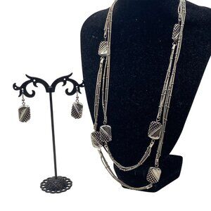 Chicos Silver-Tone Multi Strand Necklace Earrings Set Textured Geometric Station
